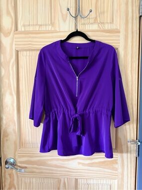 Women’s Purple Tie-Waist Zip-Neck Blouse
